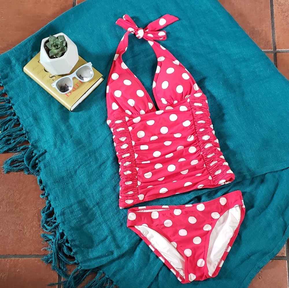 DKNY red and white polka dot bathing suit